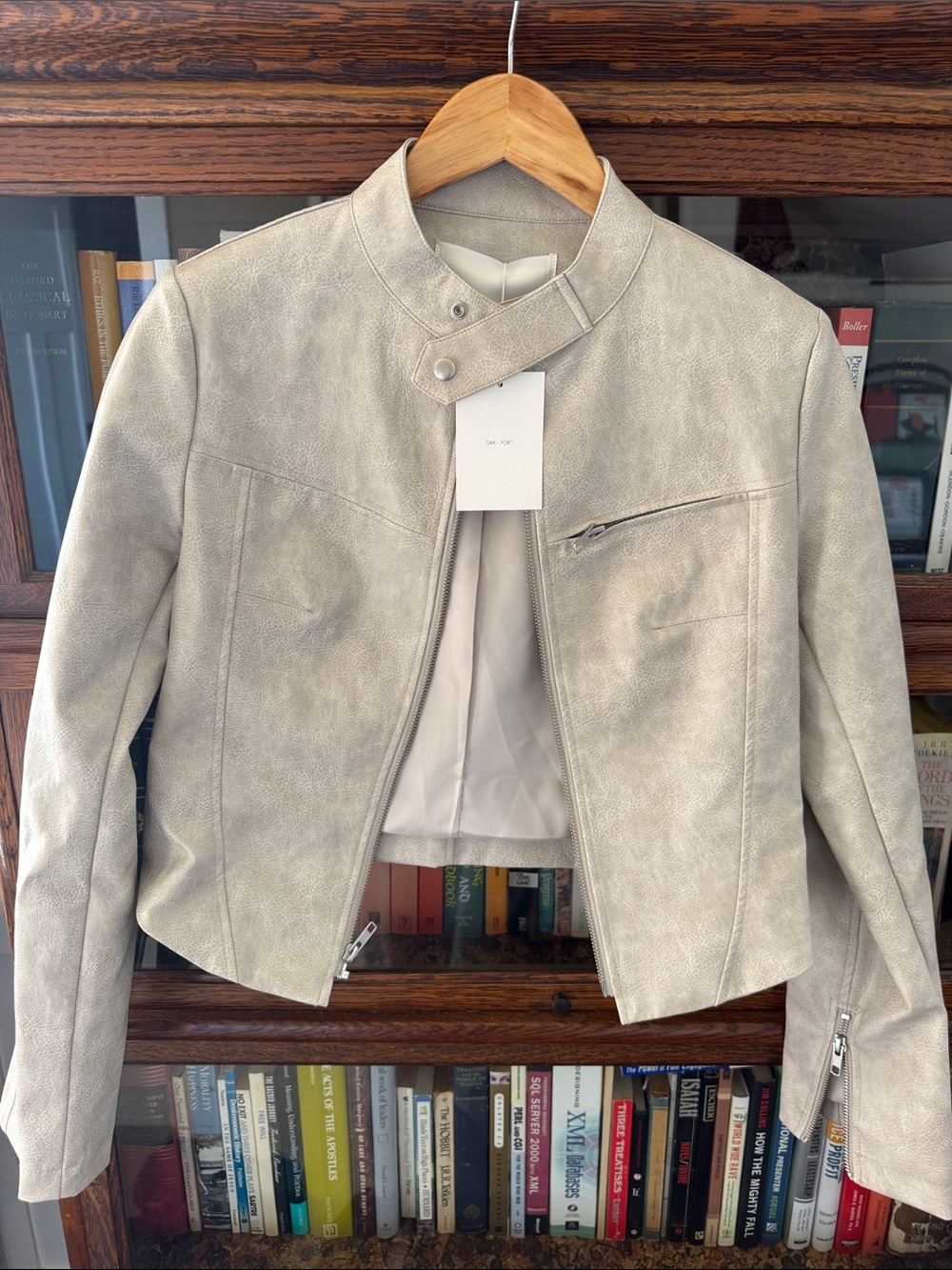 Womens Beige Faux-Leather Moto Jacket